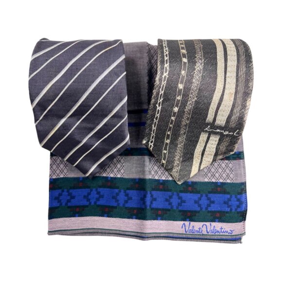 Set: 2 Neckties Valentino &Kangol  Brown Stripe +1 Valentino V Handkerchief (59) - Picture 1 of 9